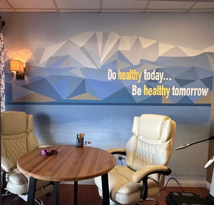 Modern geometric mountain mural painted in a nutritionist’s office, painted by DeeBee Whimzy.