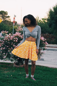 Pointy Geometric Floral Pattern on Yellow/White - Bold, High-Waisted Flowing Skater Skirt