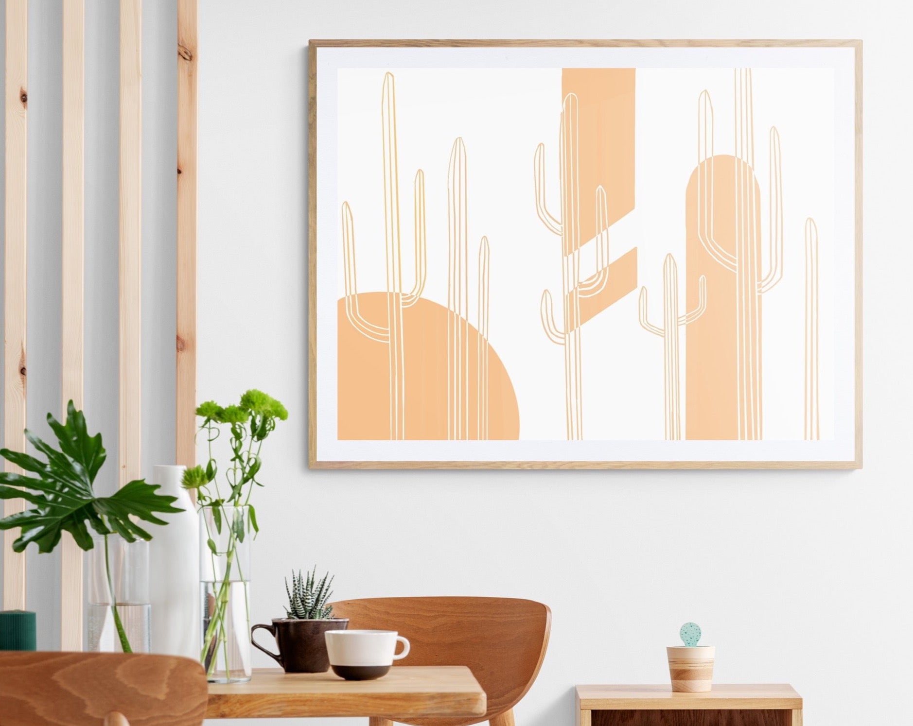 Cactus desert art print with modern orange color blocks