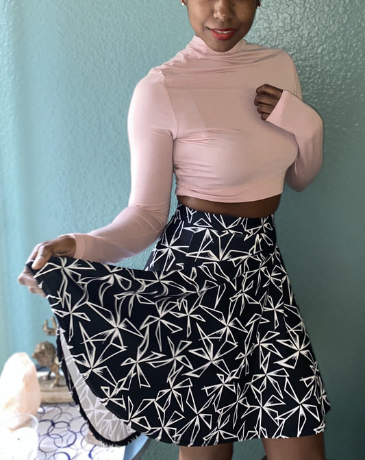 Pointy Geometric Floral Pattern on Black/White- Bold Edgy Flowing High-Waisted Skater Skirt